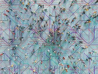 birds eye view of crowd of people with computer chip pattern on floor